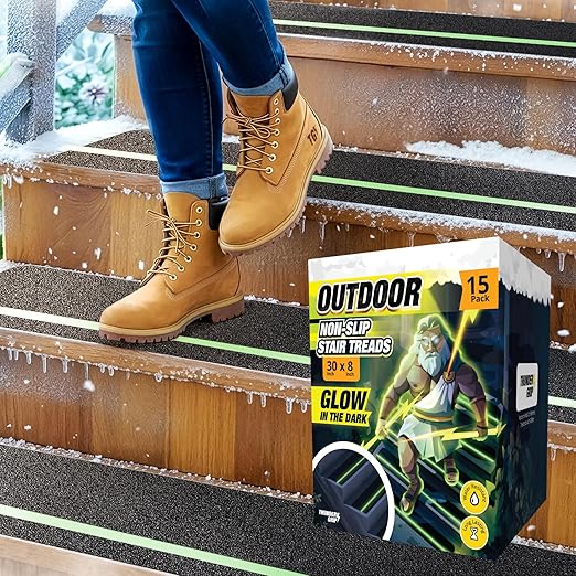 Grip Tape for Stairs 30" x 8" - 15-Pack Glow in the Dark Outdoor Stair Treads Non-Slip Weather Resistant - Anti Slip Tape for Exterior Wooden Steps - Waterproof 80-Grit Adhesive Treads by Thunder Grip