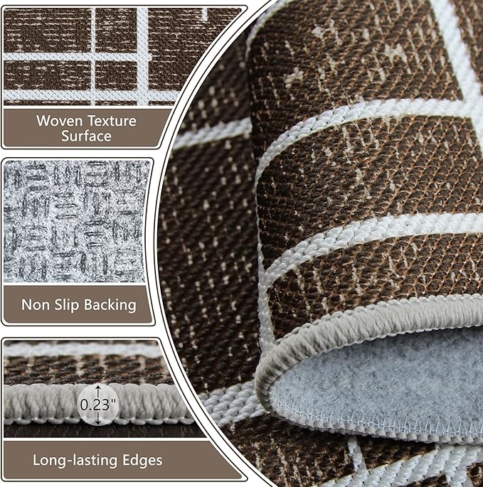 Non Slip Hallway Runner Rug 2x10, Brown Modern Distressed Stripe, Washable Long Rug, Woven Thin Low Pile Carpet Runners for Hallway 10ft Entryway, Kitchen, Walkway- Brown