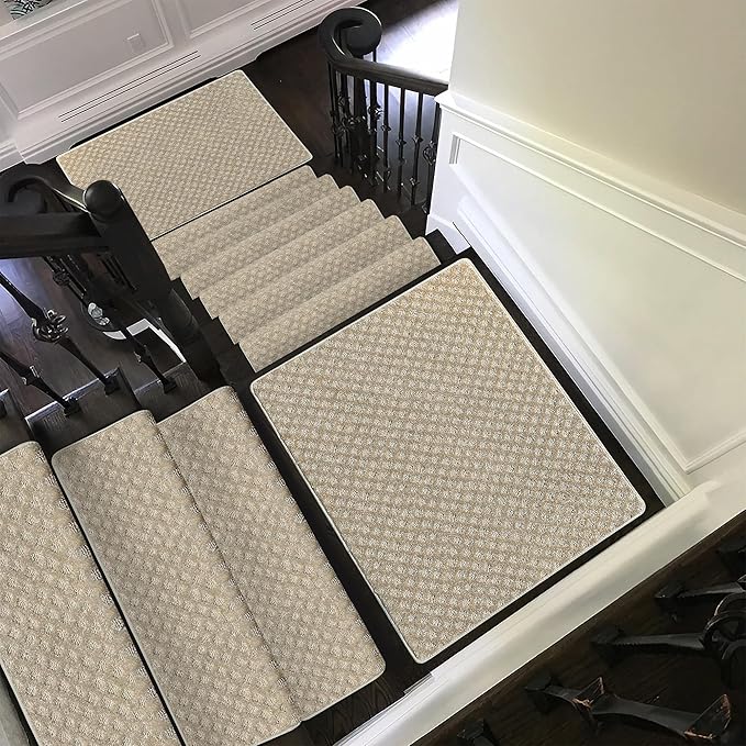 PURE ERA Bullnose Carpet Stair Treads Tape Free Non-Slip Indoor Stair Protectors Pet Friendly Stair Treads for Wooden Steps 9.5" x 30"(2 Pieces,Cream Gray Mini-Diamond Trellis)