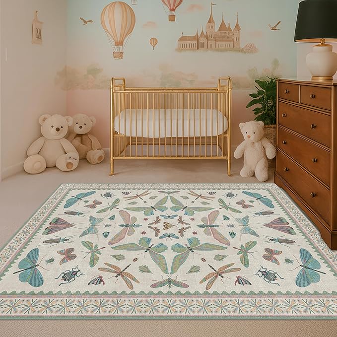 Green and Blue Nursery Rug 5x8 - Washable Soft Area Rugs for Bedroom Under Bed, Living Room, Vintage Floral Butterfly Fun Indoor Floor Decor