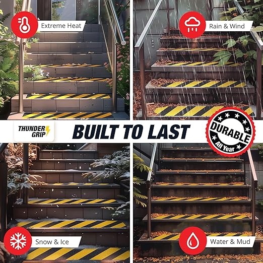 Black and Yellow Non Slip Strips for Steps 30" x 6" 15-Pack Outdoor Stair Treads - Waterproof Anti Slip Grip Tape for Safety Walk - Strong Adhesive Caution Tape for Floor and Ramps by Thunder Grip