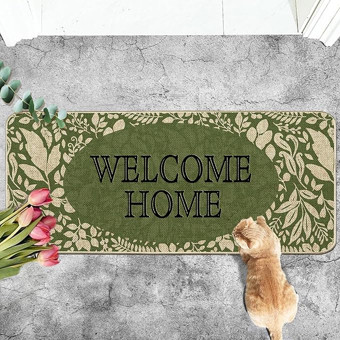Welcome Spring Door Mat Green Leaves Doormat Indoor Outdoor Entrance Outdoor Rug Low-Profile Floor Rug Non Slip Spring Summer Decor Rubber Mats for Home Decoration 17x36Inch