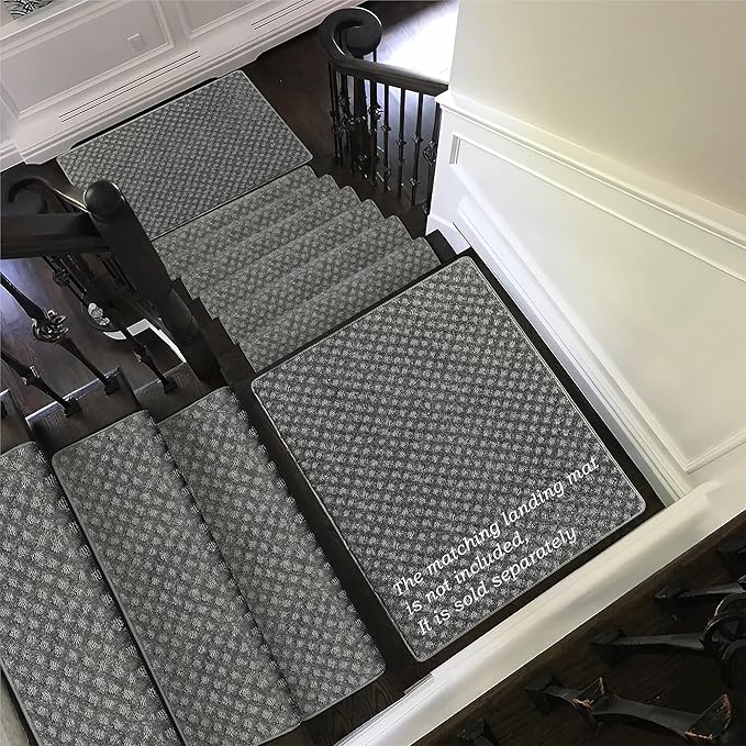 PURE ERA Bullnose Carpet Stair Treads Set Tape Free Non-Slip Indoor Stair Protectors Pet Friendly Rugs9.5" x 30"(7 Pieces,Grey Mini-Diamond Trellis)