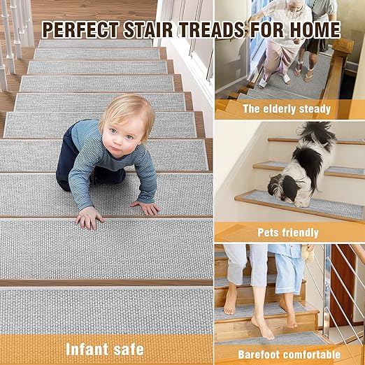 Deerly 15pcs Stairs Treads and 1 Landing Carpet, Breathable Linen Stair Carpet Non Slip for Wooden Steps Peel and Stick Stairs Runner Indoor Self-Adhesive Treads Stair Covers Mat 8"X30" and 30"X30"
