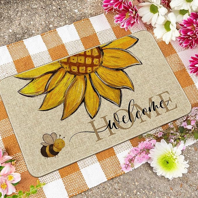 Sunflower Welcome Doormat 17"x29", Non Slip Door Mat Indoor Entrance, Hello Indoor Front Door mat, Spring Summer Outdoor Entrance Mat, Low Profile Design Patio Porch Entryway Mats