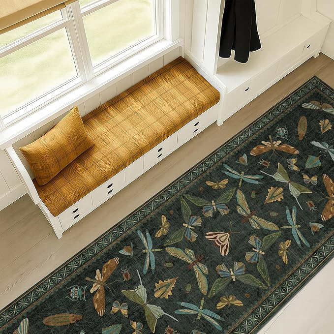8 ft Long Hallway Runner Rug - Boho Green Rug for Kitchen Floor, Entrance Indoor, Washable Wide Runner Non Slip, Dark Green 2'6''x8'