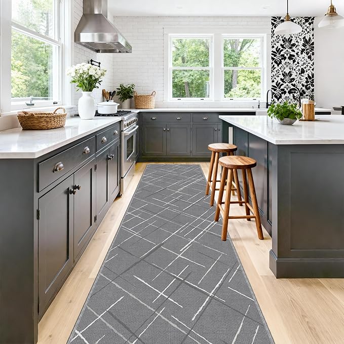 Kitchen Rugs Ultra Non-Slip 2.6x12 Washable Runner Rug Modern Tear and Stain Resistance No Pile Lightweight Runners for Entryway, Hallway, Walkway, Bedside, Entrance, Gray