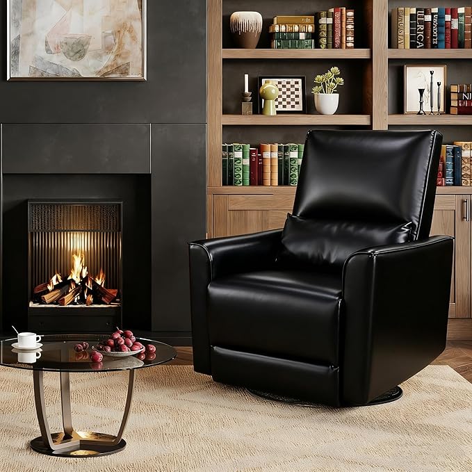 IDEALHOUSE Swivel Rocking Nursery Recliner Chair Rocker Recliner Glider Deep Seat PU Leather Sofa Chair with high Backrest for Nursery, Living Room, Bedroom & Home Movie Theater (Black)