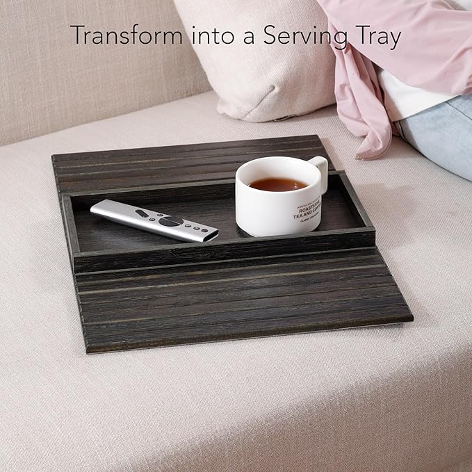DETOR Sofa Arm Tray with Spacious 12.4" x 5.4" Storage Box, Black-Stained Bamboo Finish, Enhanced Non-Slip Felt Bottom, Sturdy Bamboo Slats, Fits Armrests 6" and Wider