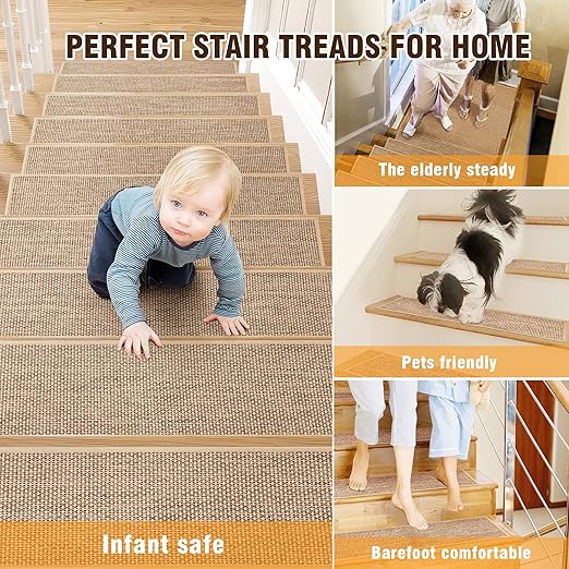 10pcs Stairs Treads and 1 Landing Carpet, Breathable Linen Stair Carpet Non Slip for Wooden Steps Peel and Stick Stairs Runner Indoor Self-Adhesive Treads Stair Covers Mat 8"X30" and 30"X30"