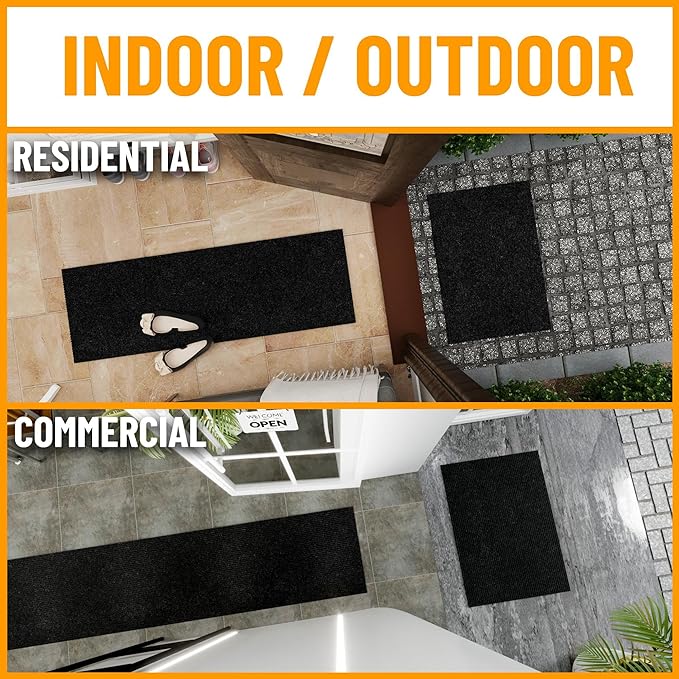 Ottomanson 2' x 19' Hallway Runner with Scraper Pile Extra Durable Non-Slip Rug Mat for Indoor & Outdoor Use - Ideal for Kitchen, Entryway, Patio & Garage - High-Traffic Carpet, Black