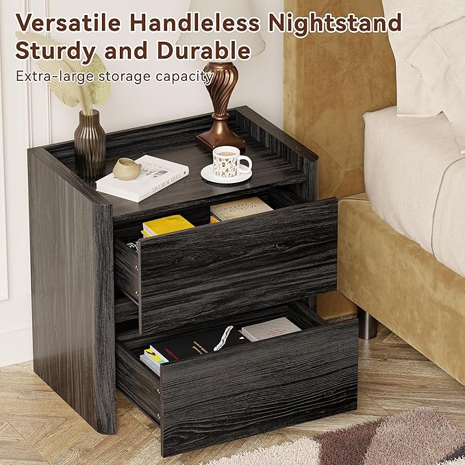 Nightstand with 2 Storage Drawer, Modern End Table for Bedroom with Cut-Out Handle, Large Night Stands for Bedroom, Home Office, Set of 2, Dark Grey