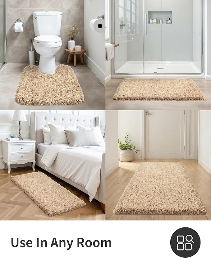 ILANGO Beige Toilet Rugs U Shaped 22" × 24" Non Slip & Super Absorbent Extra Thick Soft, Washable Bath Mats for Bathroom Floor, Plush Shaggy Contour Bath Rugs for Toilet,Dry Quick