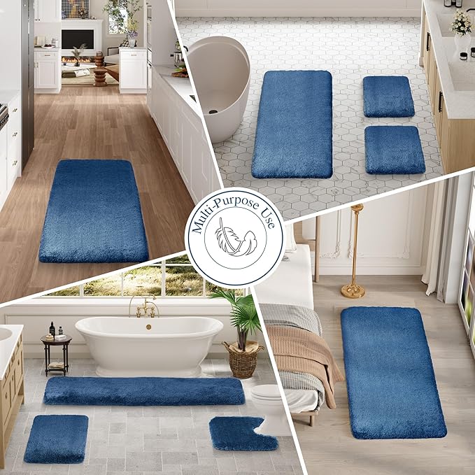 Walensee Bath Mat, Navy, 20 x 32, Non Slip, High Pile, Microfiber, Shag Rug, Machine Washable, Water Absorbent, Soft, Thick Plush, Bathroom