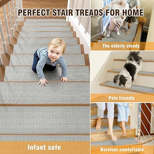 15pcs Stairs Treads and 1 Landing Carpet, Breathable Chenille Stair Carpet Non Slip for Wooden Steps Rubber Backing Stairs Runner Indoor Treads Stair Covers Mat 8"X30" and 30"X30"