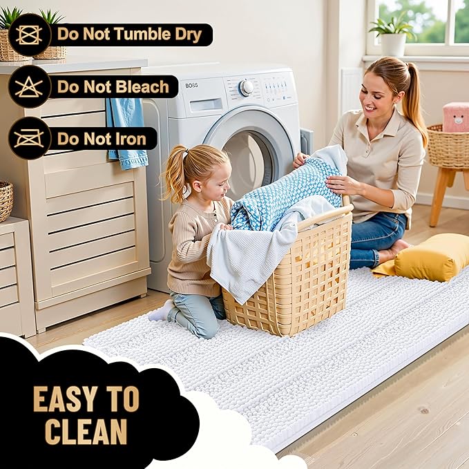 OLANLY Thick Bathroom Rugs 47x20, Extra Soft Absorbent Chenille Striped Bath Rugs, Rubber Backing, Machine Wash Dry, Bath Mats for Bathroom Floor, Tub and Shower, Home Decor Accessories, White