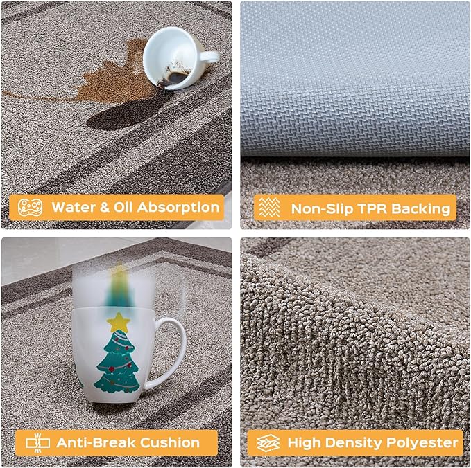 Kitchen Rugs 24" x 36", Non-Slip Machine Washable Kitchen Runner Rugs Floor Mats, Absorbent Comfort Standing Mats for Kitchen, Sink, Laundry and Hallway, Beige & Grayish Brown