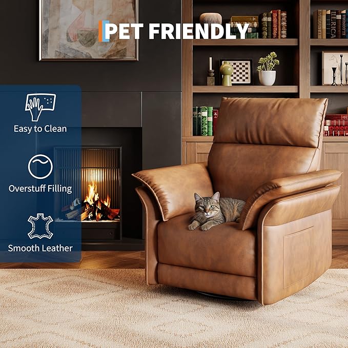 IDEALHOUSE Power Recliner Chair with Side Pockets, 270° Swivel & Glider, USB Charging Port, PU Leather, Thickened Dual-Layer Armrests, Modern Recliner for Living Room, Bedroom (Power Orange)