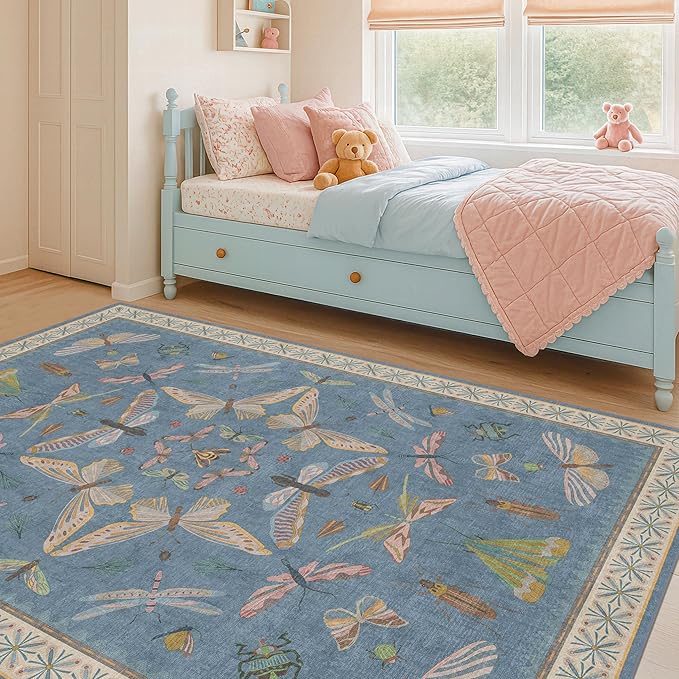 Washable Blue Rugs for Bedroom Bedside - 3x4 Area Rug for Large Kitchen, Entrance Indoor, Boho Insect Print Bug Décor, Non Slip Low Pile Fade Resistant