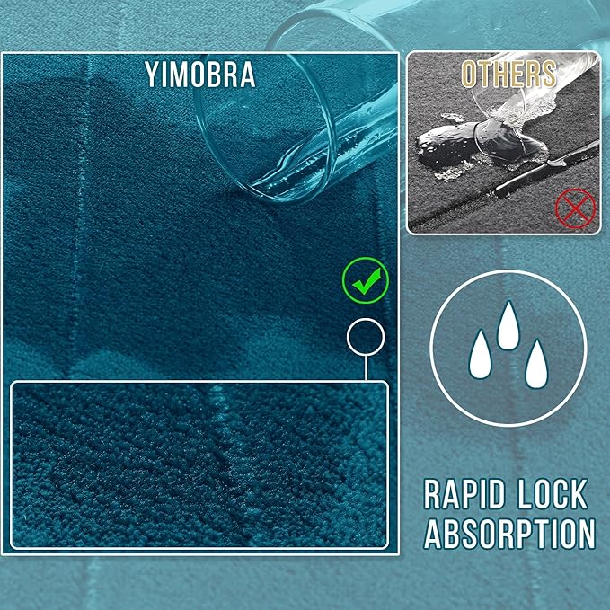 Yimobra 3 Pieces Memory Foam Bath Mat Set with U-Shaped Toilet Rug - Non Slip Super Soft Absorbent Quick Dry Bathroom Rugs for Bathtub, Vanity & Toilet Base, Peacock Blue