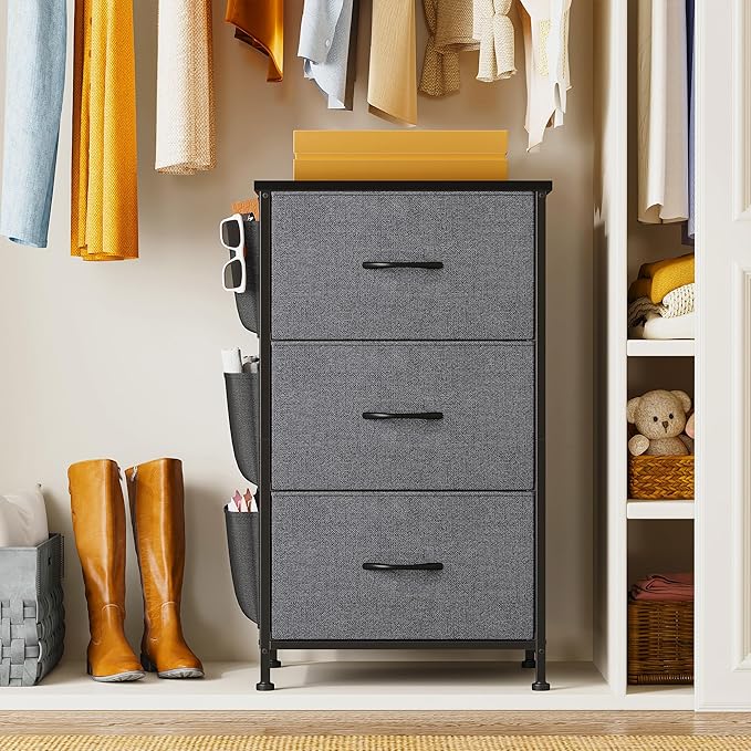Tall Nightstand, Night Stand with Drawers for Bedroom, Bedside Table with Wooden Top, Sturdy Steel Frame End Table, Dorm Nightstand for Bedroom, Entryway, Hallway, Closet, Cloth Bags, Hooks, Grey