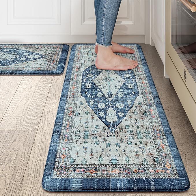 Collive Boho Kitchen Rugs Set of 2 Non Skid Kitchen Mats for Floor Cushioned Anti Fatigue Kitchen Floor Mats Waterproof Comfort Heavy Duty Foam Mats for Standing Desk Sink Laundry, 17"x30"+17"x47"