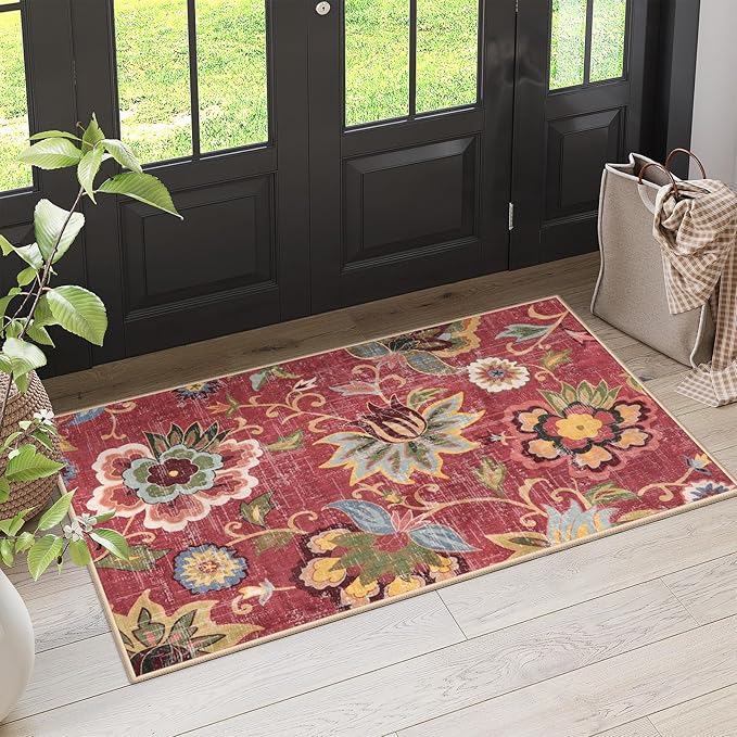 Beeiva Floral 3x5 Washable Rug Non Slip, Red Small Vintage Washable Rugs for Entryway, Ultra Thin Paisley Red Lightweight Entryway Carpet for Bathroom Kitchen Bedroom Office Christmas