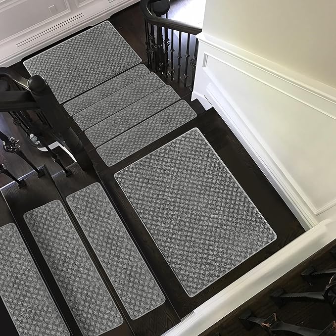 PURE ERA Carpet Stair Treads Tape Free Non Slip Indoor Stair Carpet Stair Protectors Pet-Friendly Non-Slip Skid Resistant Washable Reusable 8" x 30"(14 Pieces,Gray Mini-Diamond Trellis)