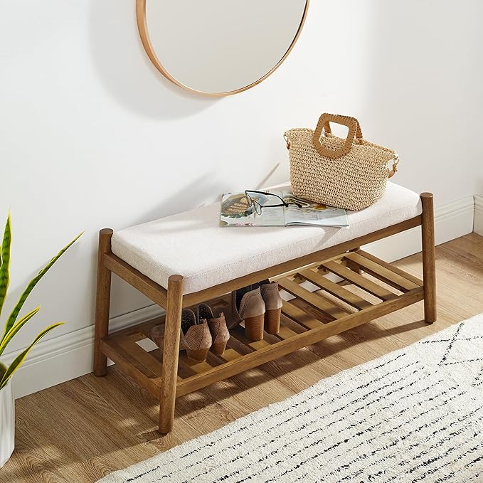 Upholstered Entryway Bench, Bedroom Bench for End of Bed, Dining Bench with Padded Seat for Kitchen, Living Room, Fabric Rubber Wood Indoor Bench (Beige)