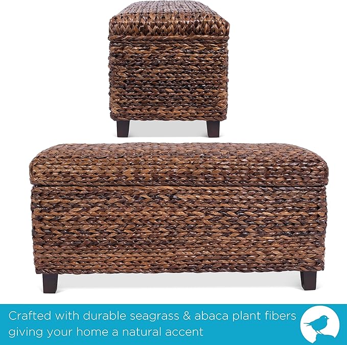 BIRDROCK HOME Abaca Storage Bench – Hand-Woven Wicker Entryway Bench w/Lift-Top Hidden Storage, Solid Wood Frame - 36.25” x 16” x 18”