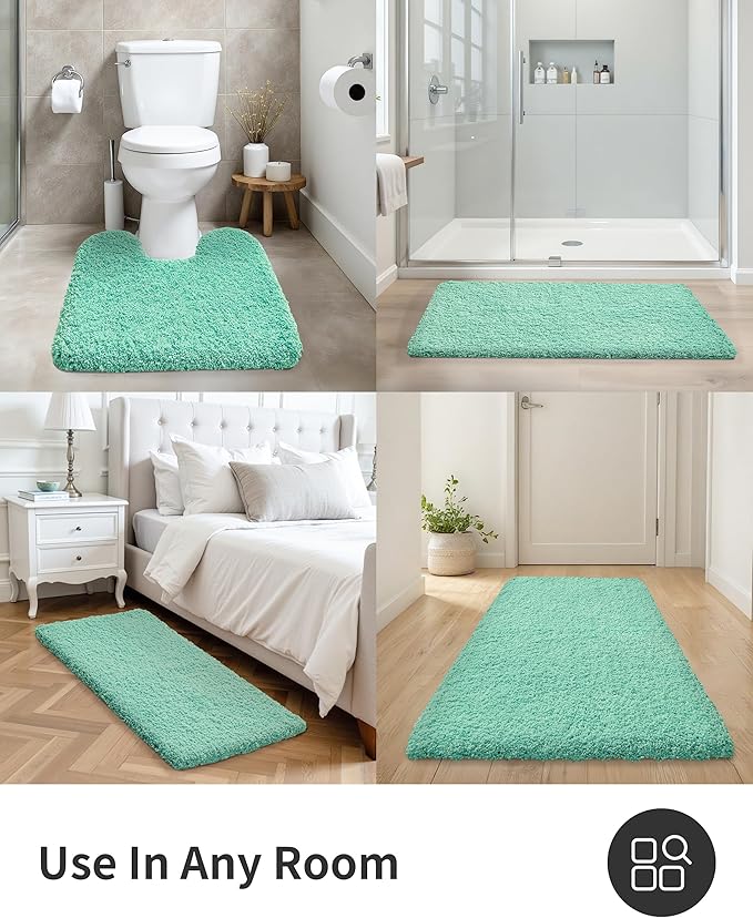 ILANGO Spa Blue Bathroom Rugs 32" × 20" Non Slip & Super Absorbent Extra Thick Soft, Washable Bath Mat for Floor, Microfiber Plush Shaggy Bath Rug with Rubber for Bathtub Shower Room Sink