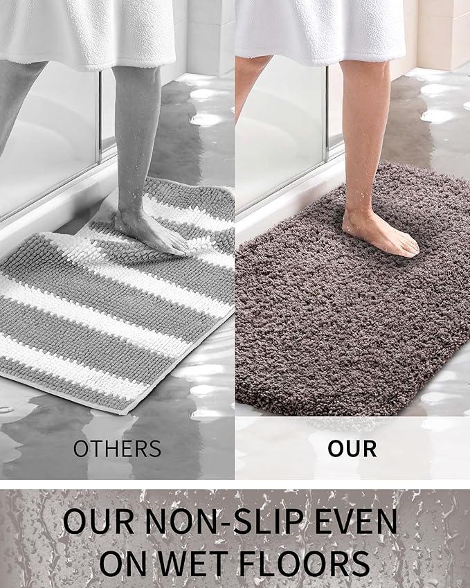 Bathroom Rugs, Ultra Thick Shaggy Soft Microfiber Absorbent Bath Rug, High Density Foam Latex Non Slip Backing, Machine Washable Bath Mats for Bathroom Floor & Sink 24x17, Dark Grey