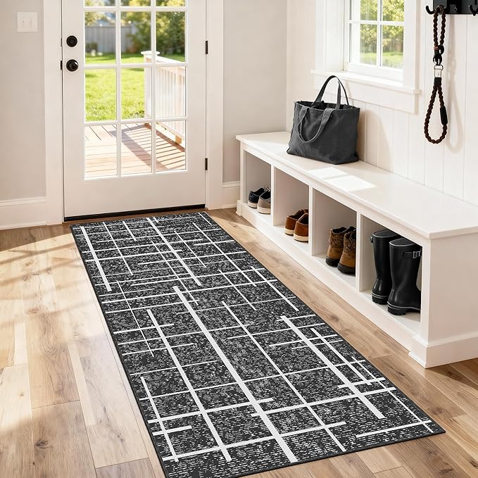 Washable Runner Rug 2x6, Gray Modern Distressed Stripe, Kitchen Runner Rug Non Slip, Woven Thin No Shed Runners for Entryway, Kitchen, Laundry Room- Gray