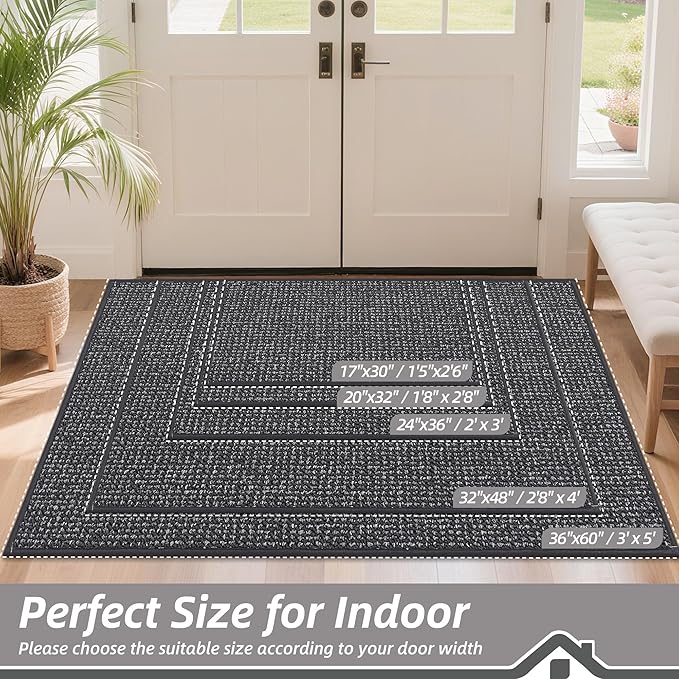 BEQHAUSE Dirt Trapper Door Mat 20" x 32", Non-Slip Washable Doormats Entrance Mat, Dirt Resistant and Absorbent Welcome Mat, Low Profile Floor Mats for Front Back Door and Entryway, Charcoal
