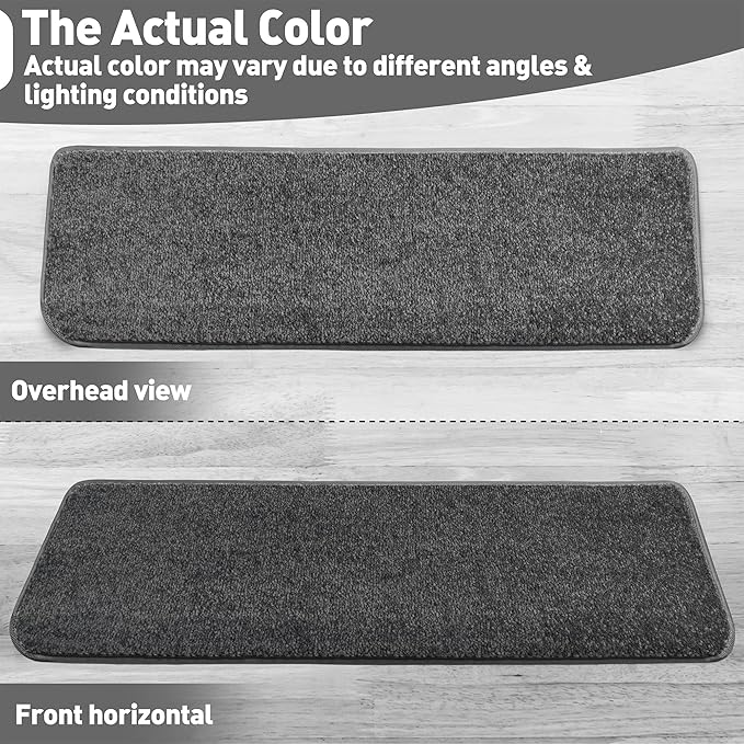 PURE ERA Bullnose Carpet Stair Treads Set Tape Free Non-Slip Indoor Stair Protectors Pet Friendly Rugs Covers Soft Skid Resistant Washable Reusable 9.5" x 30"(2 Pieces,Dark Gray)