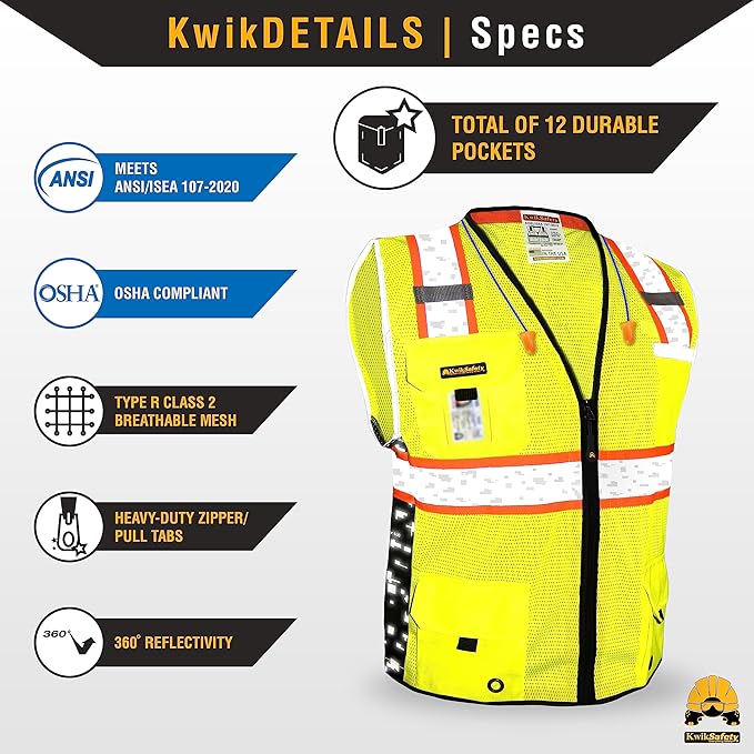 KwikSafety - BIG KAHUNA DIGITAL Safety Vest [LIMITED EDITION] Class 2 ANSI OSHA Reflective Vest Durable High Visibility Vest Construction Safety Vest for Men Industrial Work Gear/Yellow Small