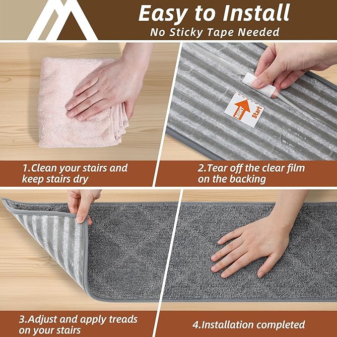 COSY HOMEER Stair Treads for Wooden Steps 9"x28" Washable Indoor Carpet Stair Treads Non Slip Soft Polyester Stair Carpet Tread Reusable Stair Runner Rugs for Kids, Elders,Pets,Medium Grey,15pcs