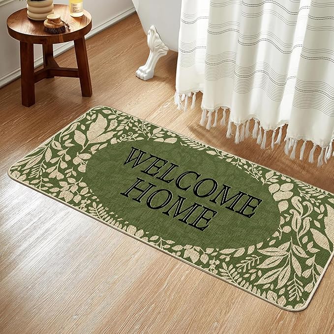 Welcome Spring Door Mat Green Leaves Doormat Indoor Outdoor Entrance Outdoor Rug Low-Profile Floor Rug Non Slip Spring Summer Decor Rubber Mats for Home Decoration 17x36Inch