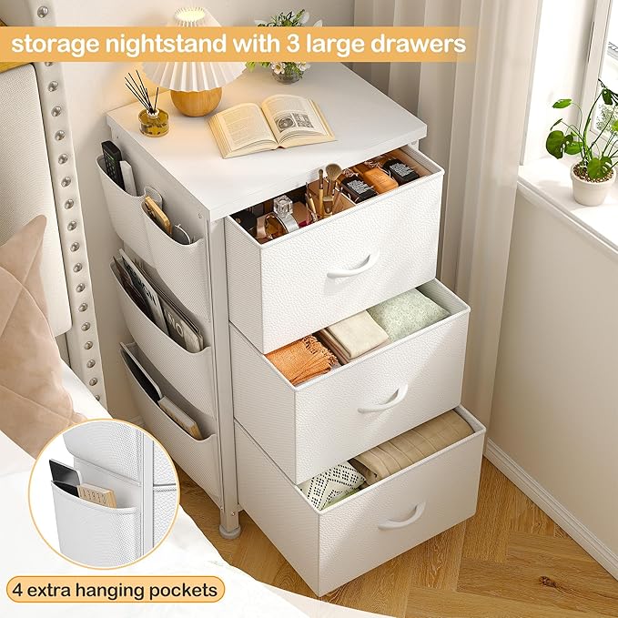 EnHomee Night Stand Set 2, Night Stand with Drawers for Bedroom, Bedside Table with Wooden Top, Sturdy Steel Frame End Table, Dorm Nightstand for Bedroom, Entryway, Hallway, Closet, Cloth Bags,White
