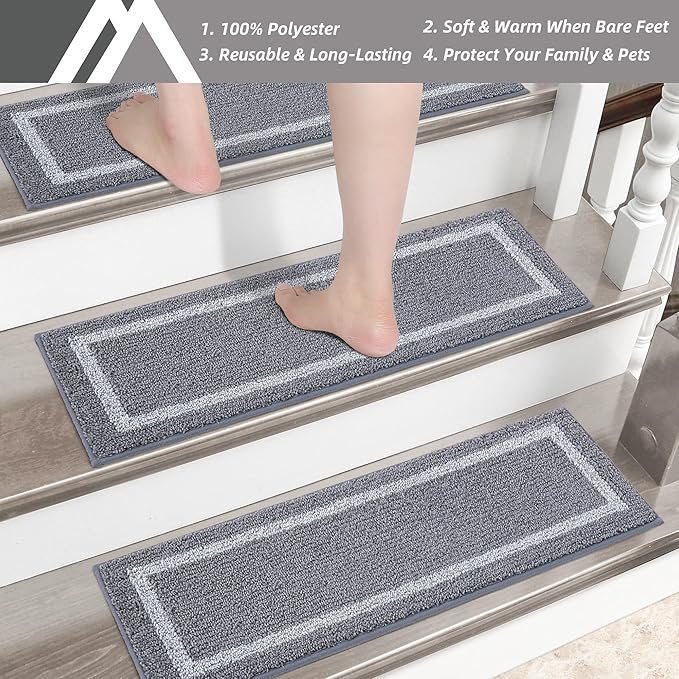 COSY HOMEER Soft Stair Treads 15pcs Non-Slip Carpet Mat 28inX9in Indoor Stair Runners for Wooden Steps,Stair Rugs for Kids and Dogs, 100% Polyester TPE Backing Grey,Square