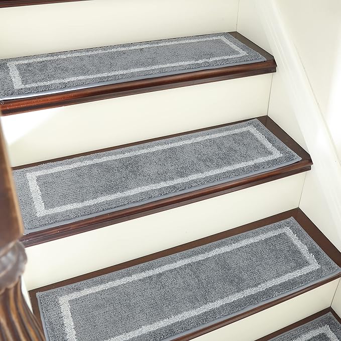 COSY HOMEER Soft Stair Treads Non-Slip Carpet Mat 28inX9in Indoor Stair Runners for Wooden Steps, Stair Rugs for Kids and Dogs, 100% Polyester TPE Backing 10pcs,Grey,Square
