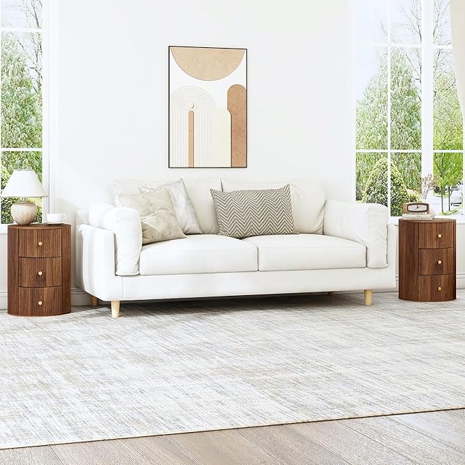 End Table with Charging Station for Couch,Mid-Century Modern Narrow Sofa Side Table with Drawer for Living Room,Small Bed Side Table for Bedroom (Walnut-Round, 1 PC)