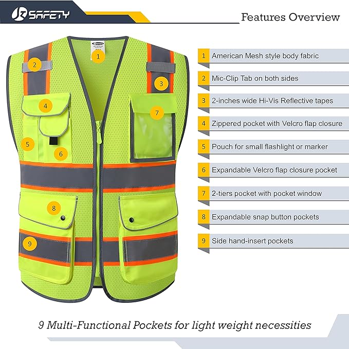JKSafety 9 Pockets Hi-Vis Neon Yellow Zipper Front MESH Safety Vest with Fluorescent Orange Extend Edge outlining the Reflective Tapes Meet ANSI/ISEA Class 2 Standard (100-Yellow, 4XL)