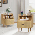 Metal Rattan End Table Set of 2 with Charging Station, Mid Century Modern Nightstand with 2 Doors, Bed Side Table with Storage for Couch,Living Room, Sofa Side Table for Office,Dorm - Natural
