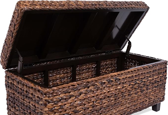 BIRDROCK HOME Abaca Storage Bench – Hand-Woven Wicker Entryway Bench w/Lift-Top Hidden Storage, Solid Wood Frame - 36.25” x 16” x 18”