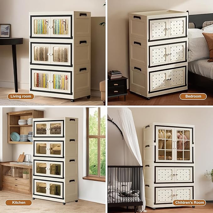 SunSettler Stackable Storage Bins with Lids, Folding Storage Cabinets with Doors and Wheels, Collapsible Plastic Storage Bins for Closets, Stackable Storage Organizer(Transparent, 3-Tier)