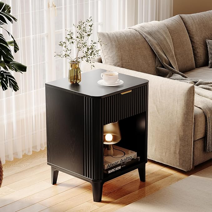Mid Century Modern Night Stand Set of 2, Large Bedside Table Set of 2 with Drawer and Storage Shelf, Fluted Nightstands Rustic Wood End Table for Living Room Black