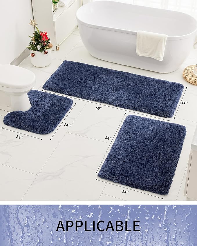 Bathroom Rugs 70x24, Ultra Thick Shaggy Soft Microfiber Absorbent Bath Rug, High Density Foam Latex Non Slip Backing, Machine Washable Bath Mats for Bathroom Floor & Sink, Navy Blue