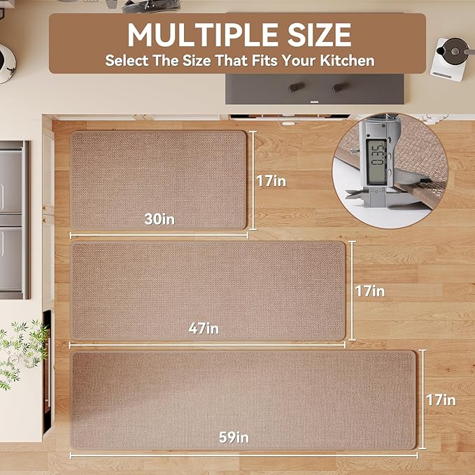 Kitchen Rugs Mat Non Slip Washable, Linen-Look 0.3" Thick Soft Cushioned Absorbent Kitchen Mats for Floor, Mild Anti-Fatigue Runner Rug Sink Mat Laundry Standing Mats, Easy Clean, Brown 17"x30"