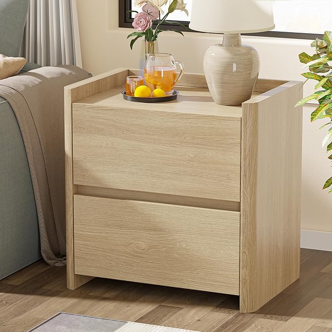 Nightstand with 2 Storage Drawer, Modern End Table for Bedroom with Cut-Out Handle, Large Night Stands for Bedroom, Home Office, Set of 2, Oak